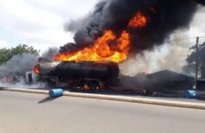 Petrol tanker tumbles and explodes at Agbor, Delta State; one confirmed dead, two bank buildings destroyed by the inferno