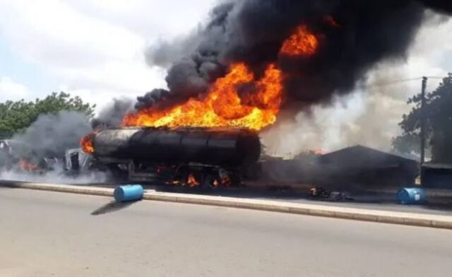 Burning petrol tanker that exploded today at Agbor, Ika South LGA, Delta State