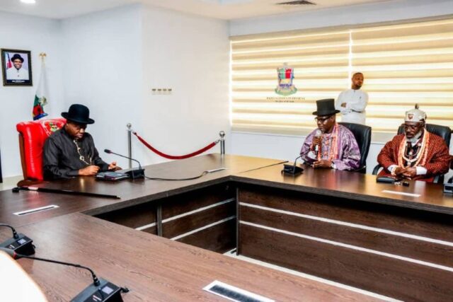 Bayelsa State Governor, Douye Diri in meeting with representatives of Emeyal and Kolo communities