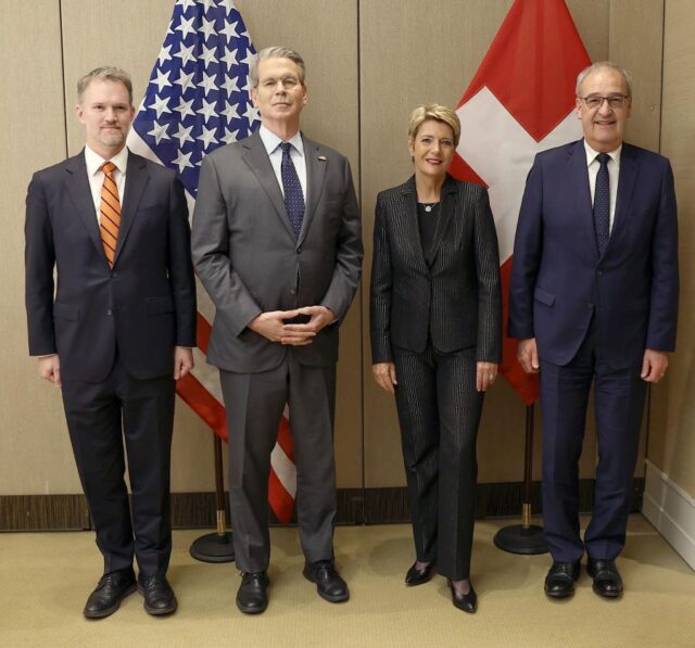 Jamieson Greer, Scott Bessent, President Karin Keller-Sutter and Vice President Guy Parmelin of the Swiss Confederation