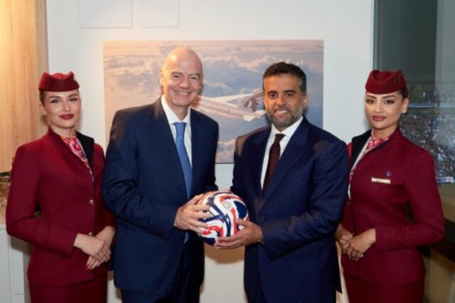 FIFA President Gianni Infantino with Qatar Airways Group’s Chief Executive Officer, Engr. Badr Mohammed Al Meer