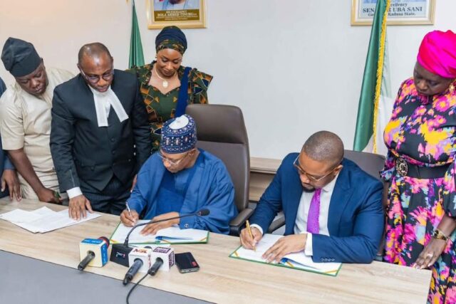 Governor Uba Sani and SMEDAN’s Director General, Mr. Charles Odii, sign the MoU to boost Kaduna MSMEs sector