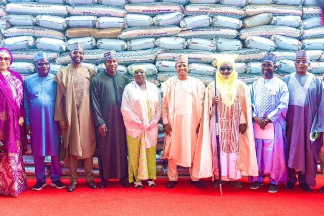 Kaduna State officials and dignitories with Gover Uba Sani at the launch of Fertilizer distribution programme