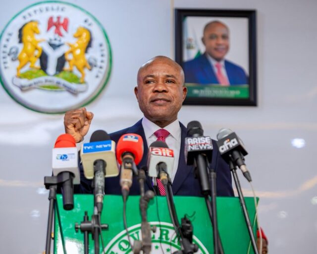 Enugu State Governor Peter Mba announcing his defection to APC