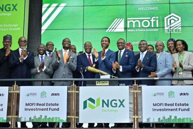 Minister of Finance Wale Edun sounded the GONG at the NGX to commemorate the listing of MOFI Real Estate Investment Fund Series 2
