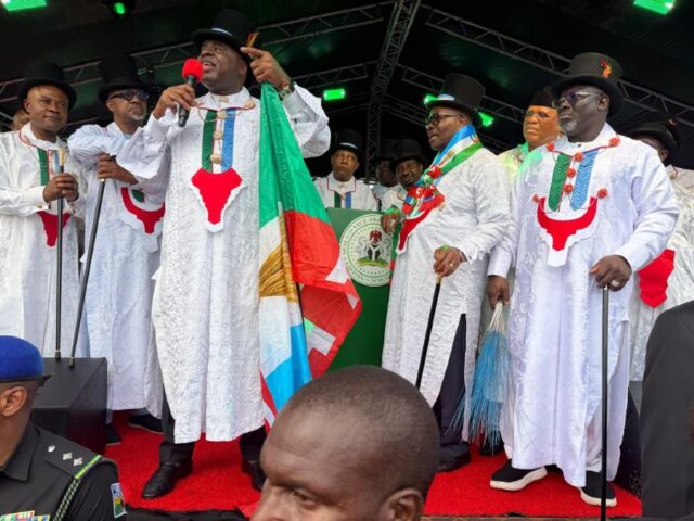 VP Shettima looks on as Governor Diri addresses the crowd in Yenagoa on his defection to APC