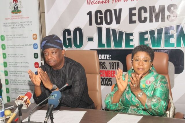 The Minister of Aviation and Aerospace Development, Festus Keyamo announcing the launch of 1Gov ECMS
