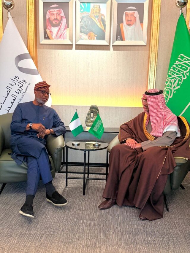 Minister of Solid Minerals Dele Alake with Saudi Arabian Minister of Industry and Mineral Resources, Ibrahim Al-Khorayef