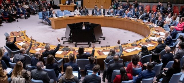 A wide view of the UN Security Council chamber