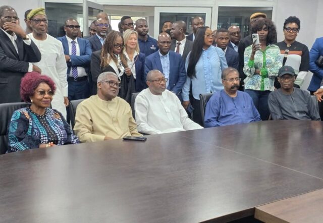 President, CE of Dangote Industries Limited, Aliko Dangote with Chairman of First HoldCo Plc, Olufemi Otedola