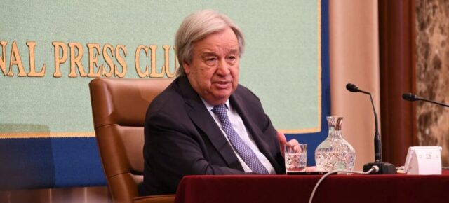 Secretary-General António Guterres speaks to the press in Japan.