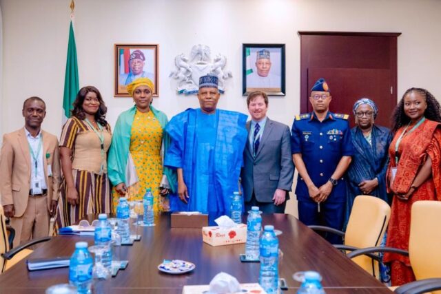 Vice President Kashim Shettima (4th L), Starlink representative Mr Peter Kroetger with NEMA and Starlink officials