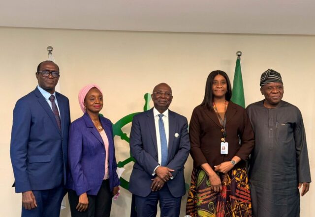 CEO of Natural Eco Capital Limited, Dr. Eugene Itua (L), NIMASA DG Dr. Dayo Mobereola (M) with key officials during a strategic engagement