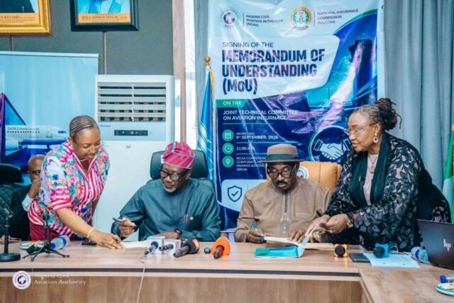 Capt. Chris Najomo, and the Commissioner for Insurance, Mr. Olusegun Ayo Omosehin signed the MoU
