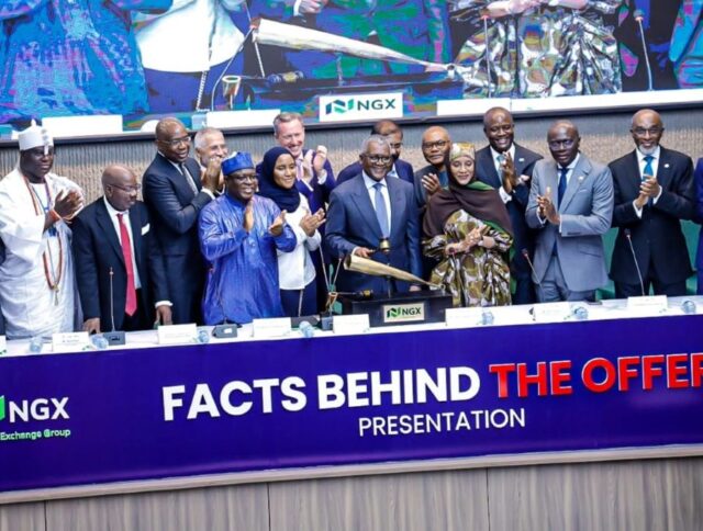 President of Dangote Group, Aliko Dangote sounds the Gong as at NGX Exchange during Dangote Refinery IPO lunch