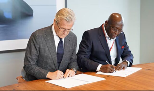 Vincent Clerc, Group CEO of A.P. Moller – Maersk and Didi Ndiomu, Managing Director of Badagry Port Development Ltd sign the agreement in Copenhagen