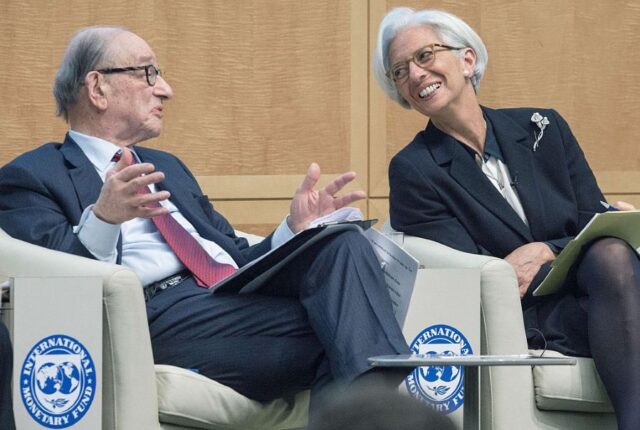 Former Fed Chair, Allan Greenspan with Christine Lagarde, European Central Bank President