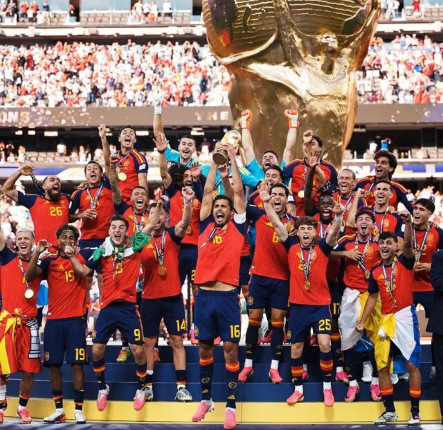 Spain celebrate victory after their 2026 World Cup final triumph against Argentina